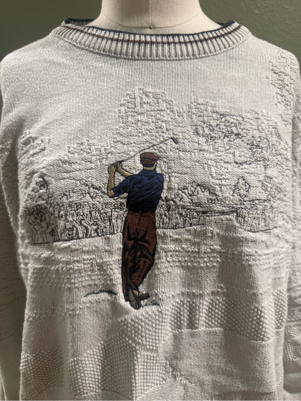 Men's Cream Crewneck Sweater with Embroidered Golfer